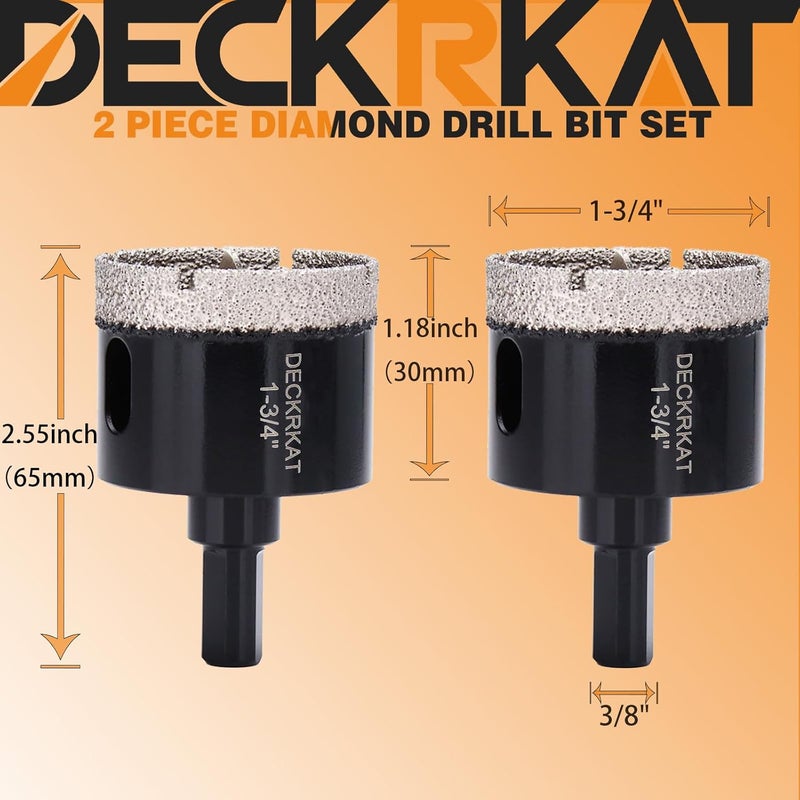 DECKRKAT 1-3/4 Inch Diamond Hole-Saw Bits with Pilot Drill Bit - 2pc 1-3/4" Diamond Tipped Tile Hole Saws with Guiding Bit Accurate Drilling for Porcelain Tile Ceramic Pottery Granite Stone Glass Bottles 45mm - Image 2